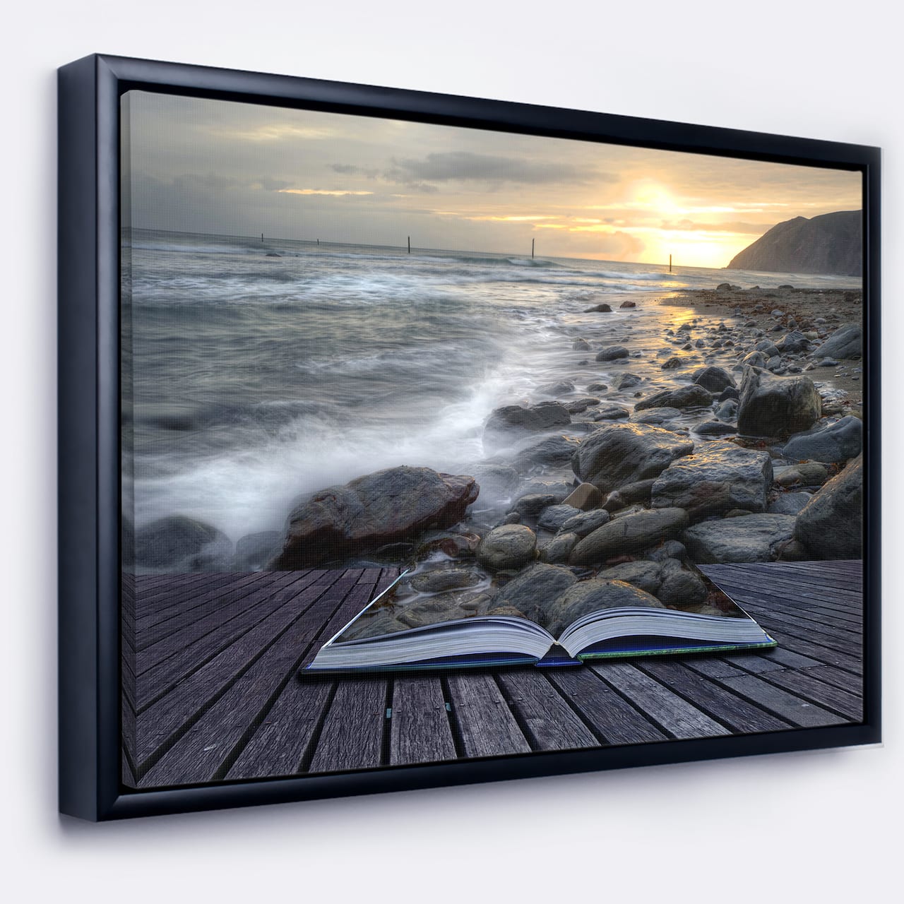 Designart - Open Book to the Evening Sea - Contemporary Canvas Art Print in Black Frame